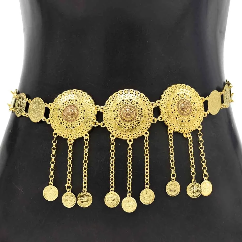 Golden Indian Festival Belly Dance Coin Tassel Metal Belts Waist Chain Afghanistan Turkish National Dress Body Jewelry For Women