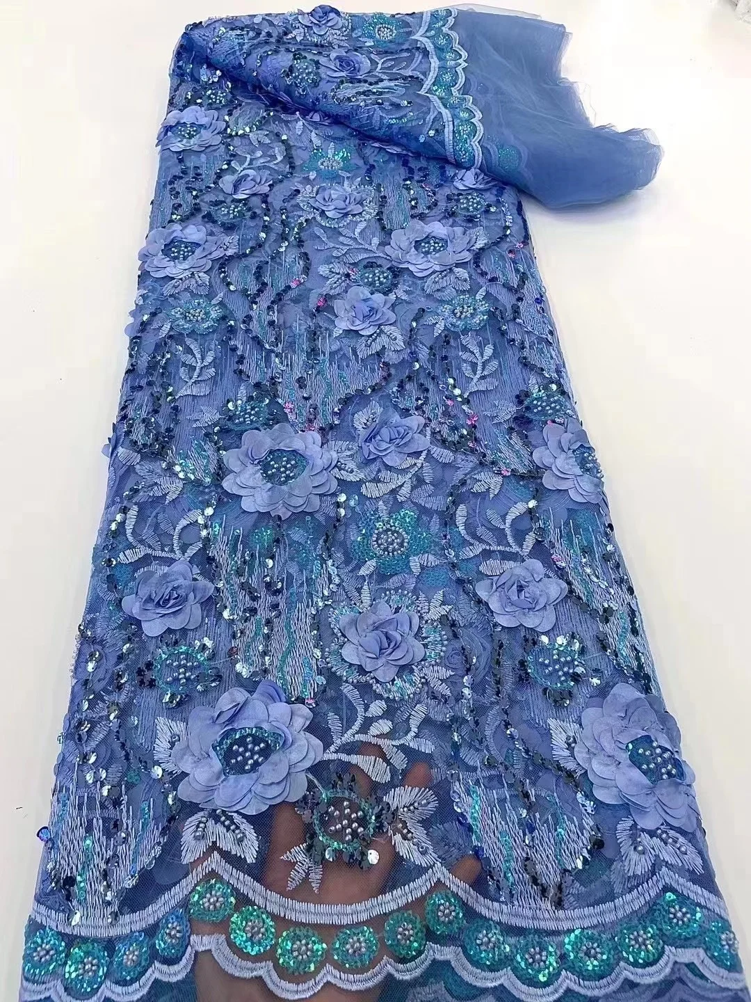 

2022 небесно-голубая африканская кружевная ткань, высококачественные блестки, бусины Ганы, стрейч-тюль, цветочное кружево для нигерийского в...