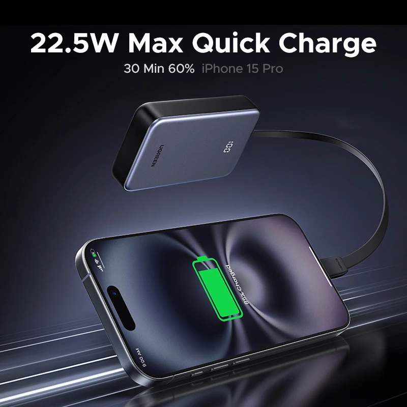 Фото UGREEN 22,5 Вт 20000 мАч Power Bank Тип C Кабель Быстрая зарядка Портативный PowerBank для iPhone 16 Pro Max PD20W Внешний аккумулятор телефона №2
