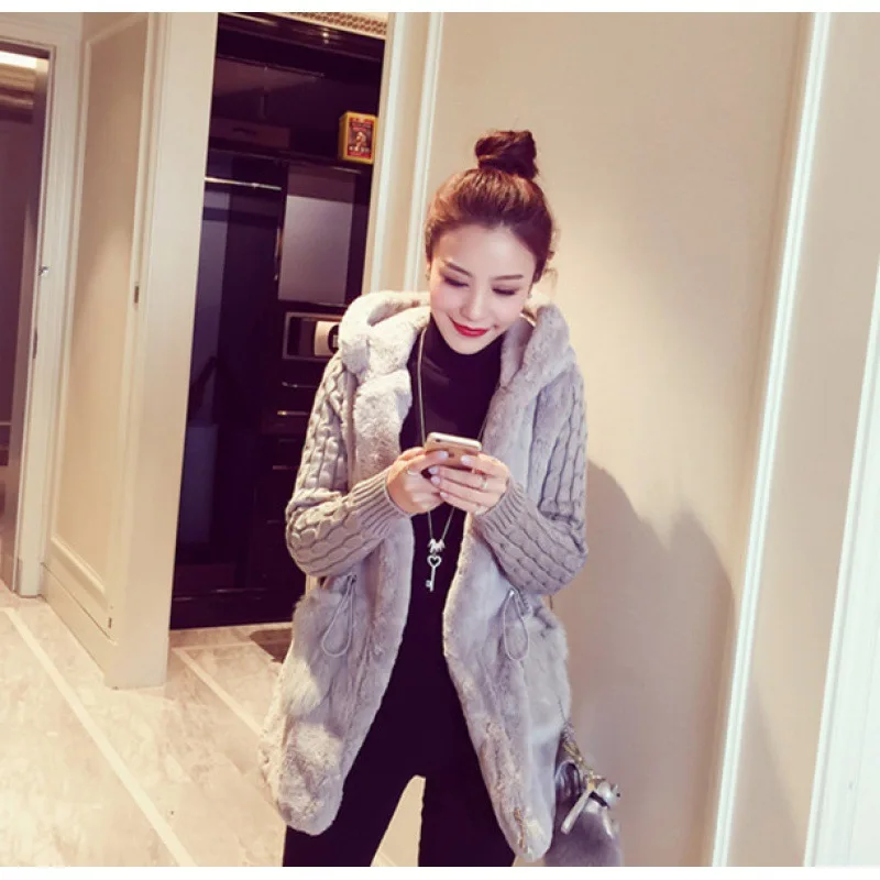 2022 Autumn  Winter  Knitted Sweater Jacket Women Clothing, Vintage Fashion, Plush Fur, Thickened Hooded Coat, Female Coats