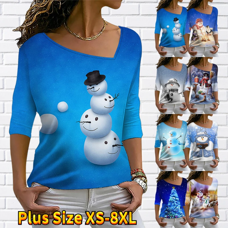 

2022 New Snowman Printing Tops Vintage T-shirt Autumn Winter Women Elegant Long Sleeves Christmas Tee Shirt Sexy V-neck Pullover
