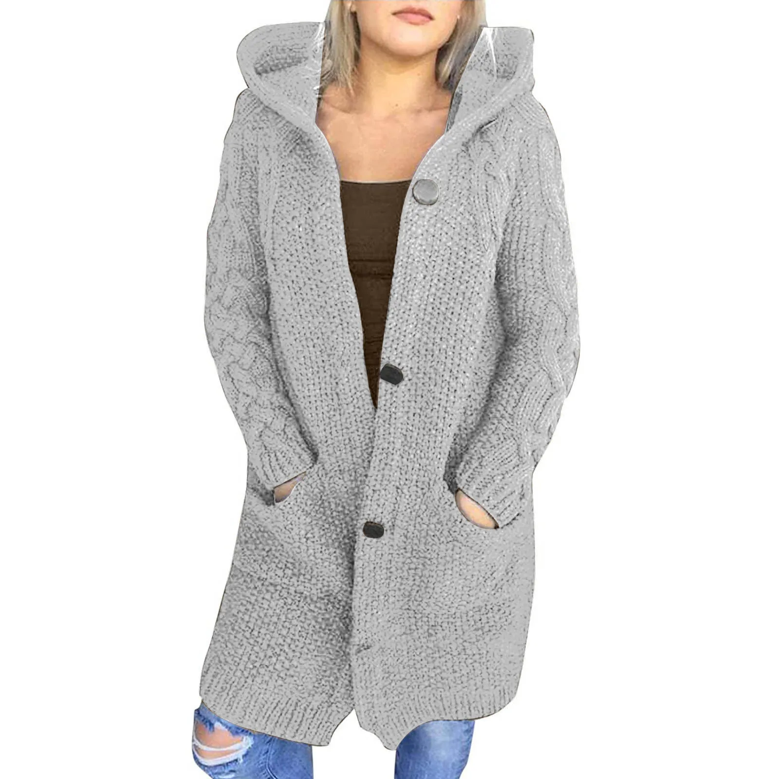 

Women Knit Cardigan Long Sleeve Hooded Button Closure Fall Winter Casual Jacket Tops with Pockets