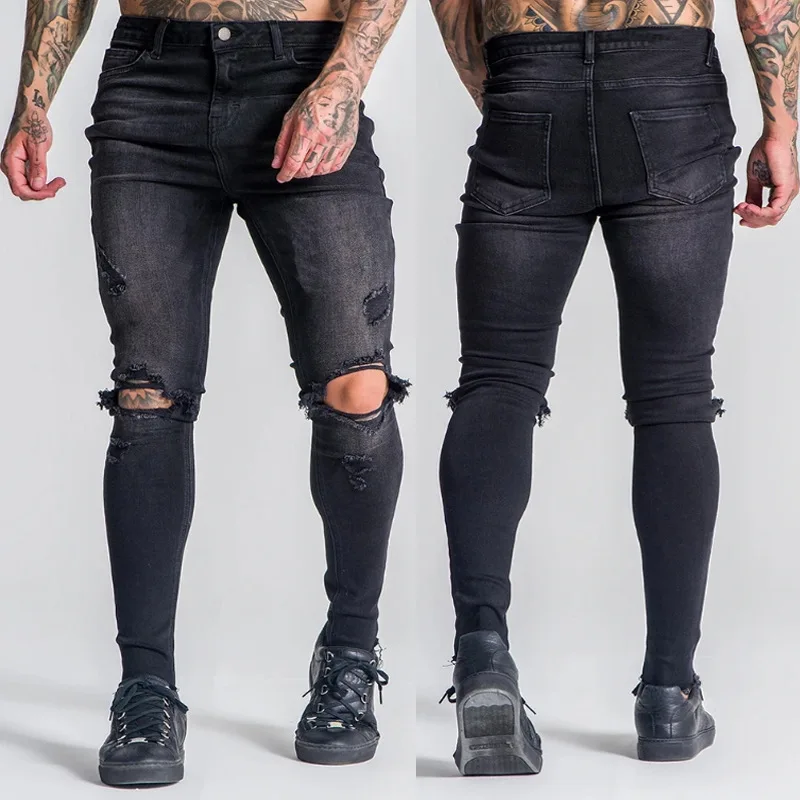 

Men's Jeans Perforated Elastic Jeans Black Hole Jeans Streetwear Men Skinny Jeans Denim Pants Full Length Trousers