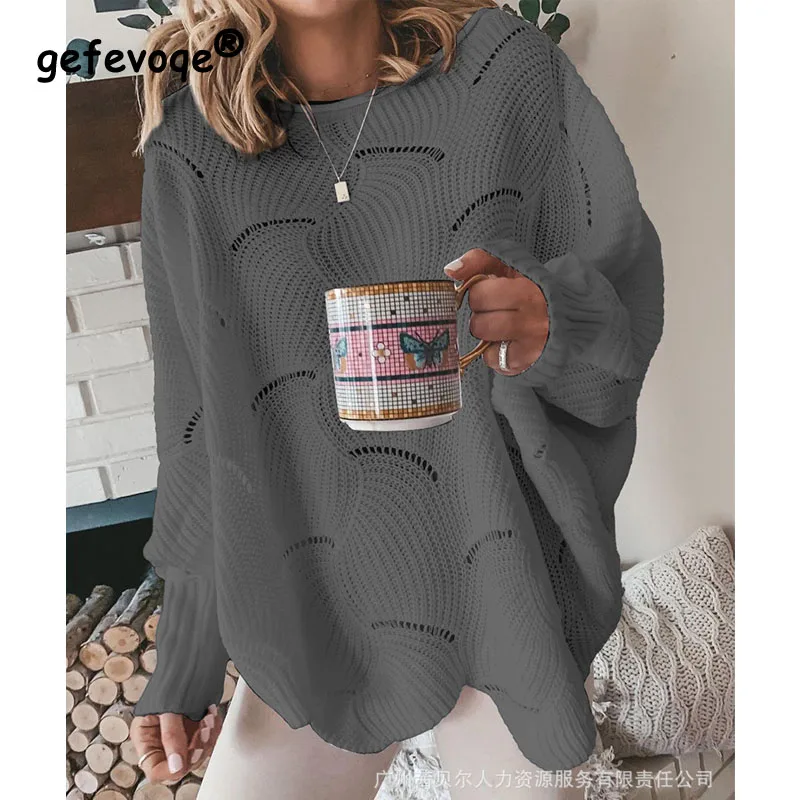 

2023 Autumn and Winter Women's New Fashion Commuter Hollow Out Round Neck Long Sleeve Thin Knitted Solid Color Versatile Top