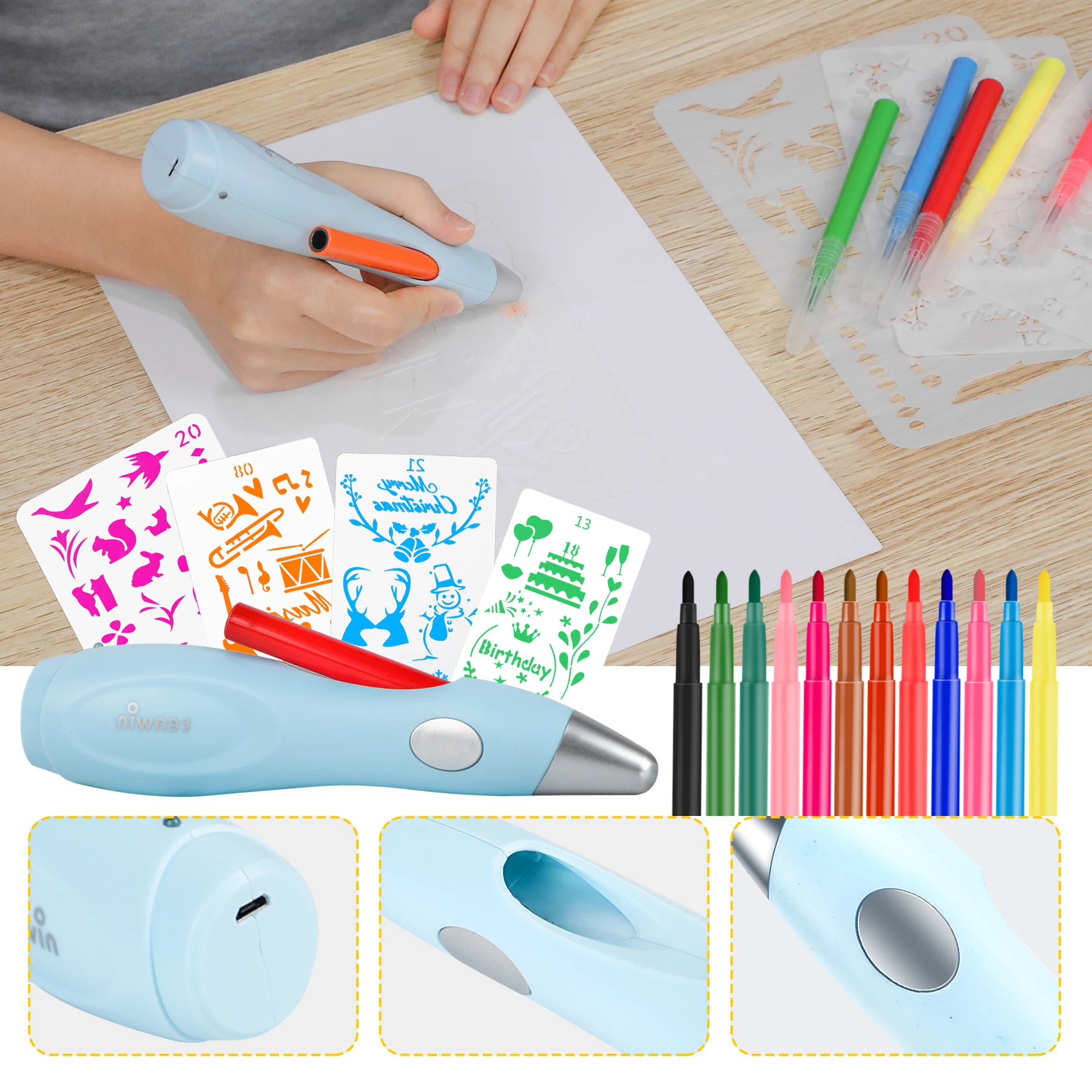 Купи Children Electric Spray Pen Airbrush Set with 12 Markers 4 Coloring Sheets Color Inkjet Painting Brush for DIY Painting Drawing за 676 рублей в магазине AliExpress