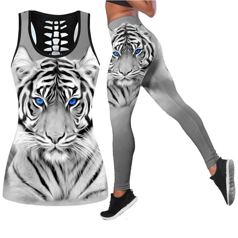 

New Summer Women Fashion Tiger Dolphin Wolf Tattoo Printed Sport Yoga Suit Stretch pant/Leggings and Out Tank Top Set XS-8XL
