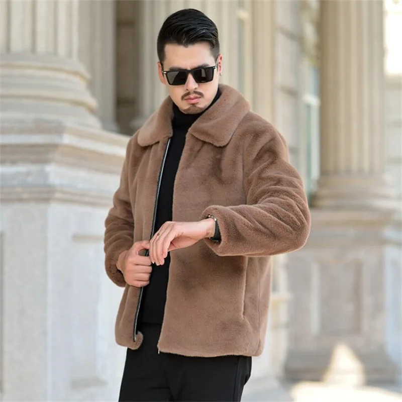 Brown autumn faux mink leather jacket mens winter thicken warm fur leather coat men slim jackets jaqueta de couro fashion 967