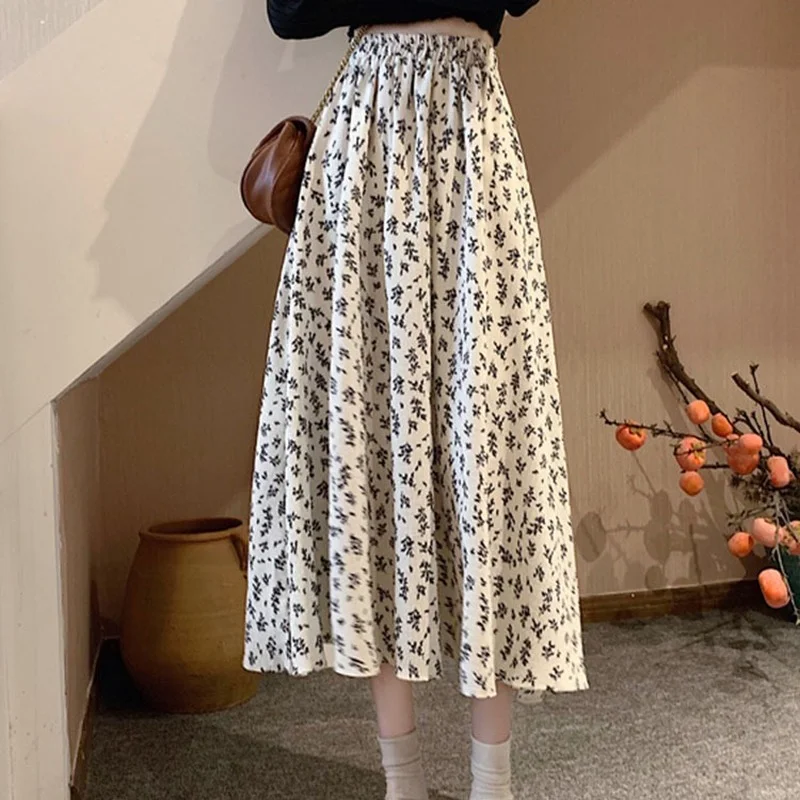 

2021 Spring Summer Women All-match Floral Folds Skirts Female New Chiffon Harajuku High Waist A-line Skirt Casual Wear Fashion