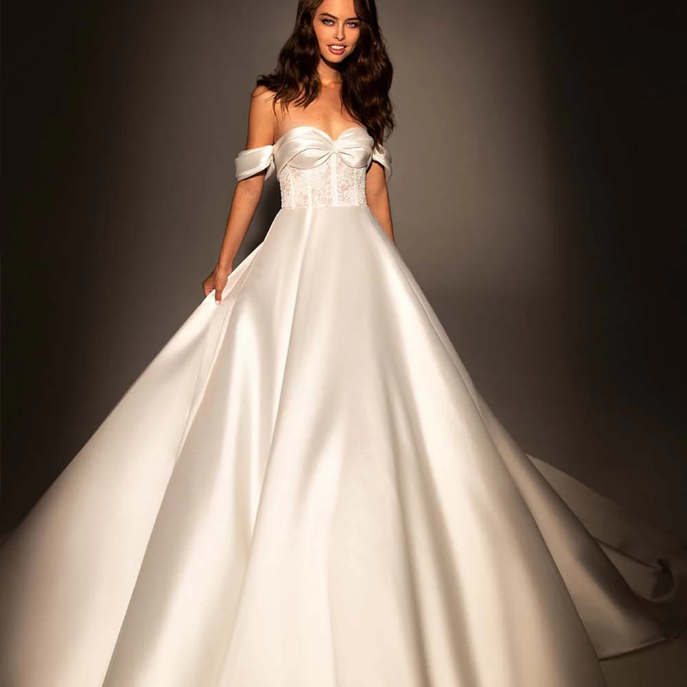 

Modern Wedding Dress Zipper Sweetheart Off The Shoulder Court Train Vestido De Noiva 2022 Boda Elegant Satin A-Line Bride Gowns