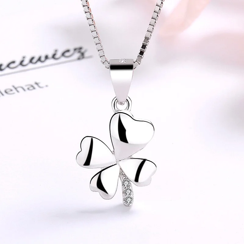 

TIANRO 925 Sterling Silver Diamond Four Leaf Clover Necklace Women Clover Clavicle Chain Plated Platinum Pendant Holiday Gift