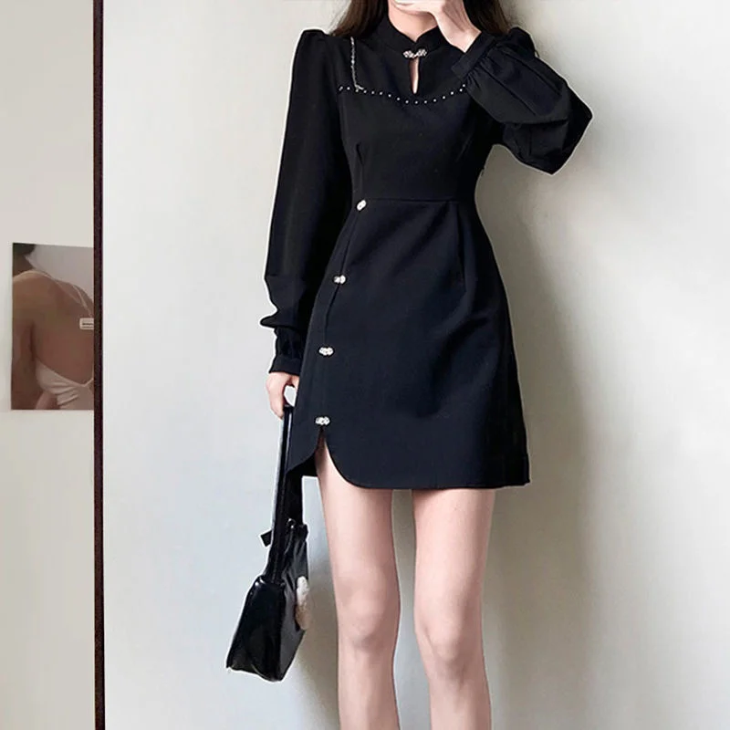 

2022 Spring Long Sleeve O-neck Shirt Mini Cheongsam Dress Vintage Party Elegant Female Tunic Dresses For Women Vestido Casual