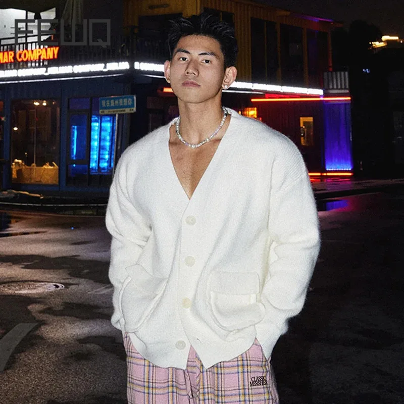 FEWQ мужской плюшевый вязаный кардиган свитер с v-образным вырезом однобортное