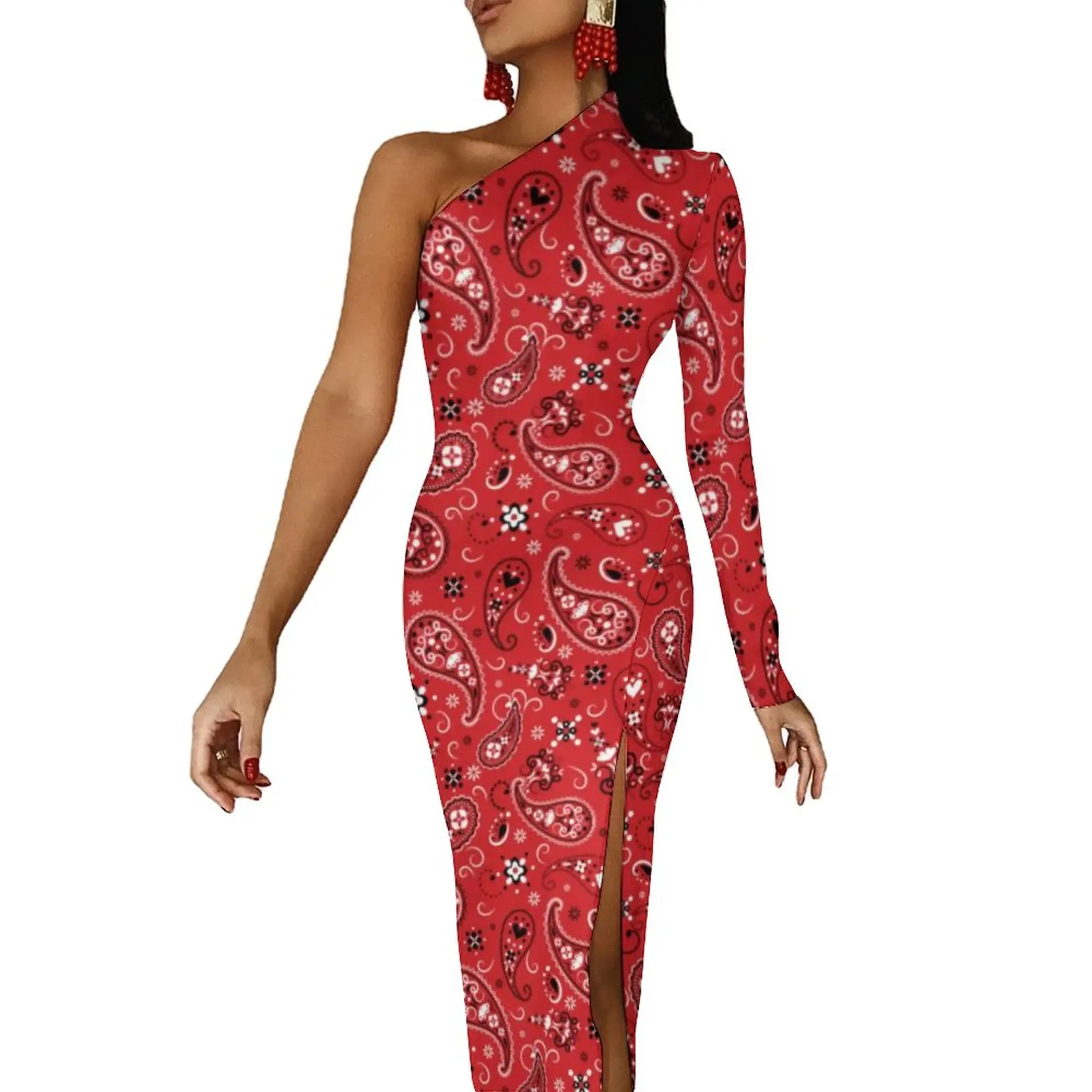 

Красное Облегающее Платье с принтом пейсли, женское винтажное цветочное современное Макси-платье на одно плечо, уличная одежда, платья на заказ, подарок на день рождения