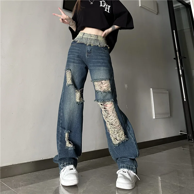 

2023 Design Switching Handsome Denim Summer Summer Polying High -waisted High -waisted Straight Trousers Loose Wide -leg Pants