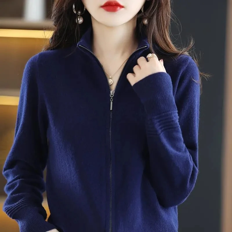 2023 Autumn Winter New Knitted Cardigan Women Stand Collar Zipper Sweater Coat Ladies Half High Collar Loose Knitted Jacket Tops