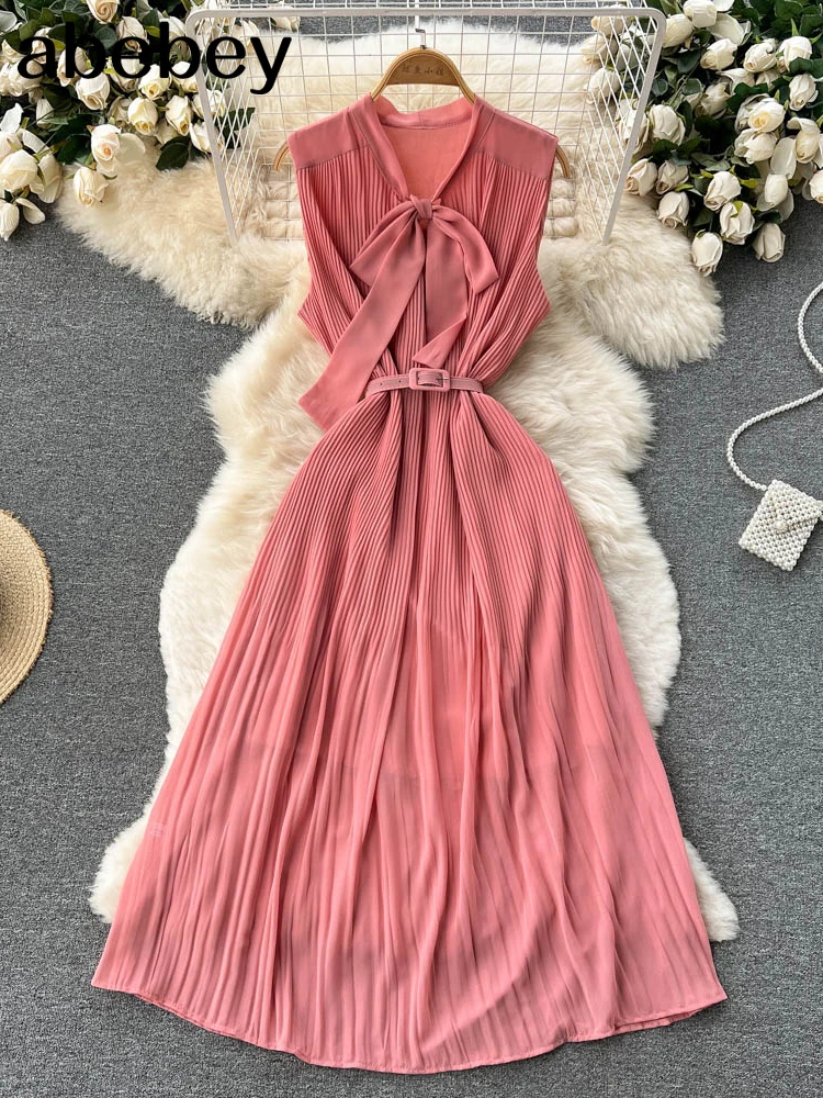 Женское шифоновое платье миди без рукавов винтажное с рюшами бантом на воротнике