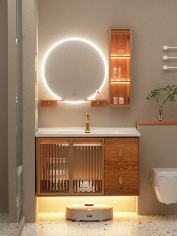 

Customized Simplicity Oak Washbasin Original Wood Color Bathroom Cabinet Integrated Ceramic Basin Bathroom Cabinets Vanity Sets