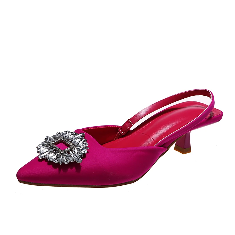 

2022 New Women's Sandals Half Slipper Rhinestone Medium Heel Slim Shoes Pointed Thin Heel High Heels Shoes Muller Women Shoes