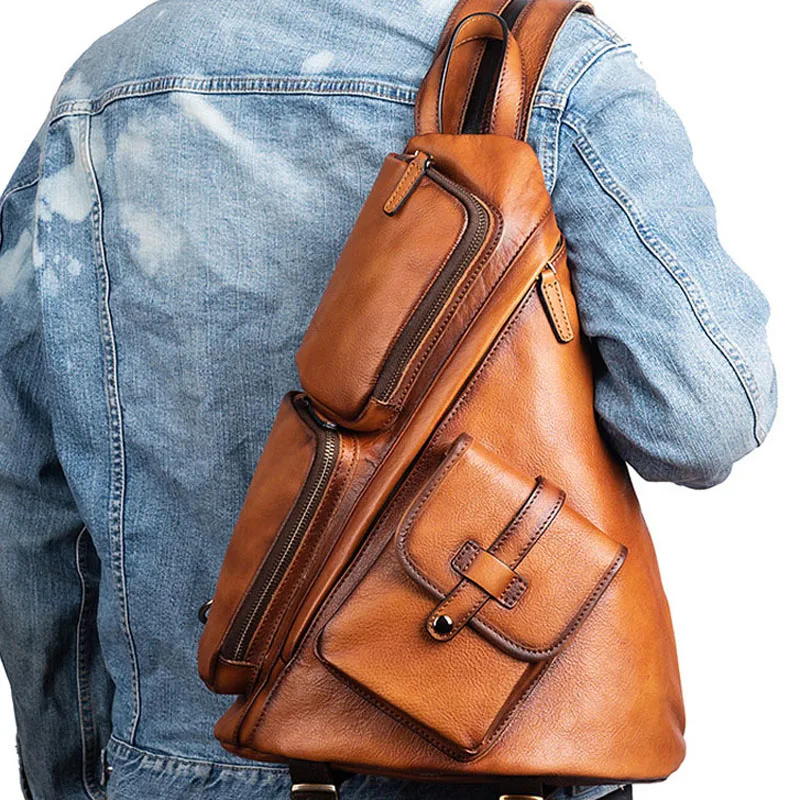 

AETOO New hand-painted leather shoulder bag retro and old first layer cowhide single shoulder chest cross backpack one piece gen