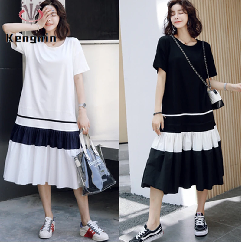 

2022 Summer Chic Loose Women Dresses Pleated Short Sleeve Patchwork Ladies T-Shirt Dress Vestidos Female Casual Robe KE2347