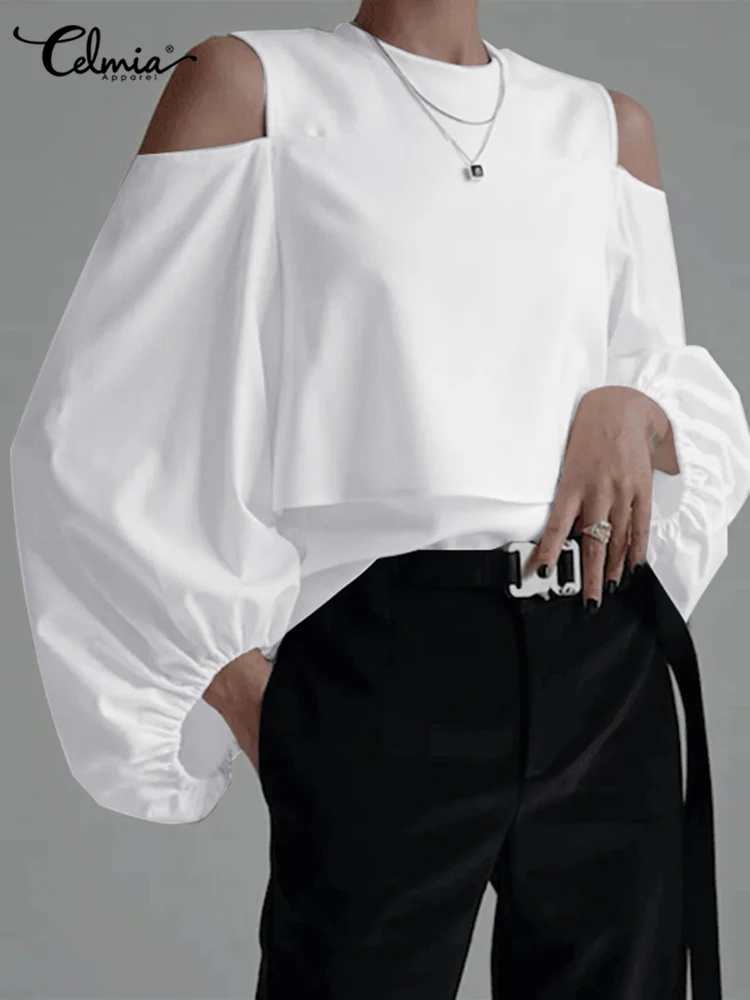 

Celmia O Neck Solid Tunic Long Lantern Sleeve 2022 Fashion Casual Loose Off Shoulder Blouse Patchwork All-match Women Shirt Tops