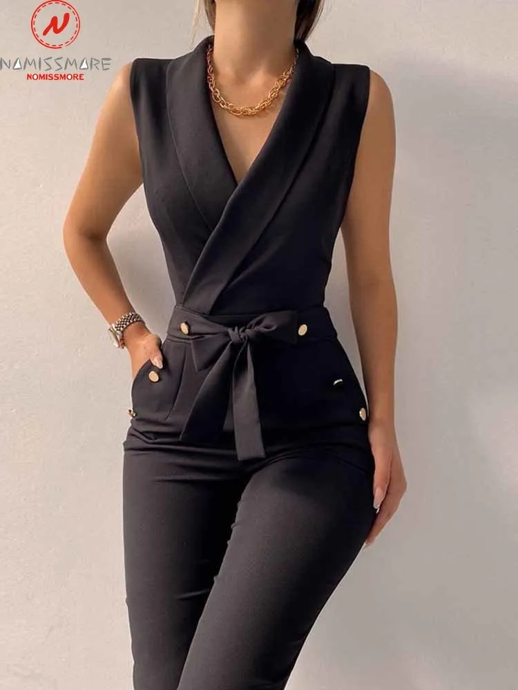 Женский офисный комбинезон без рукавов элегантный однотонный Облегающий на