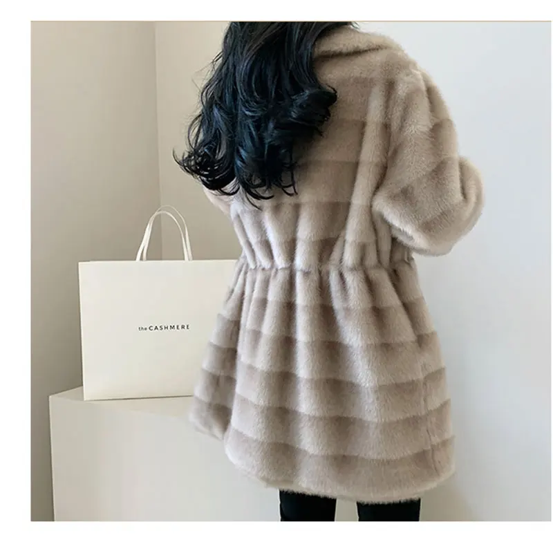 Long Jacket Women Winter belt Femme Veste Faux Fur Coat Gradient Mink Turn-down Collar Stripe Clothes Warm Soft Furry Overcoat