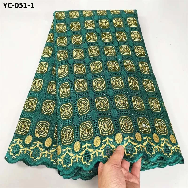 

5Yards Swiss Lace Fabric 2023 Green Gold Embroidery Cotton Autriche Brode Fabric For Sewing Clothes Prom Dress With Rhinestones