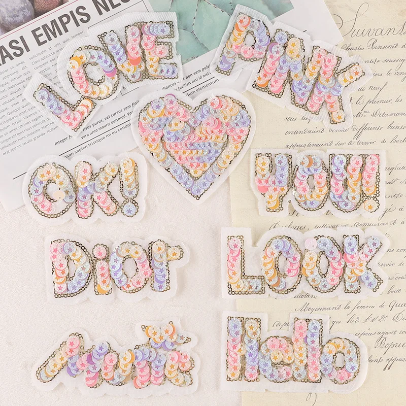 

Sequin Embroidery Patch DIY Letter Love Appliques for Clothing Backpack Decorative Cloth Sticker Iron-on Transfers for Clothing