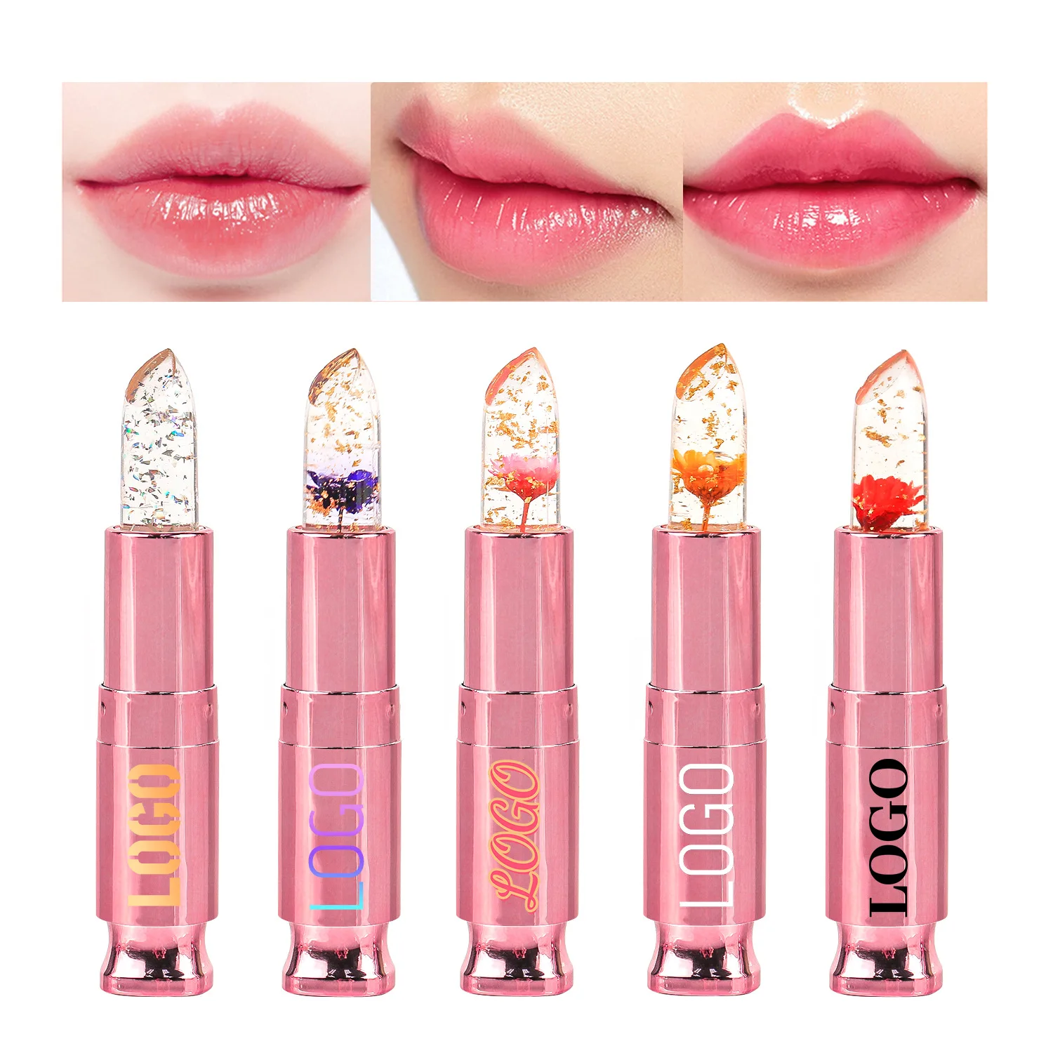 No Logo Crystal Jelly Flower Lipstick Moisturizer Clear Lip Gloss Balm Color Changing with Temperature Mood Lipstick Pack of 3