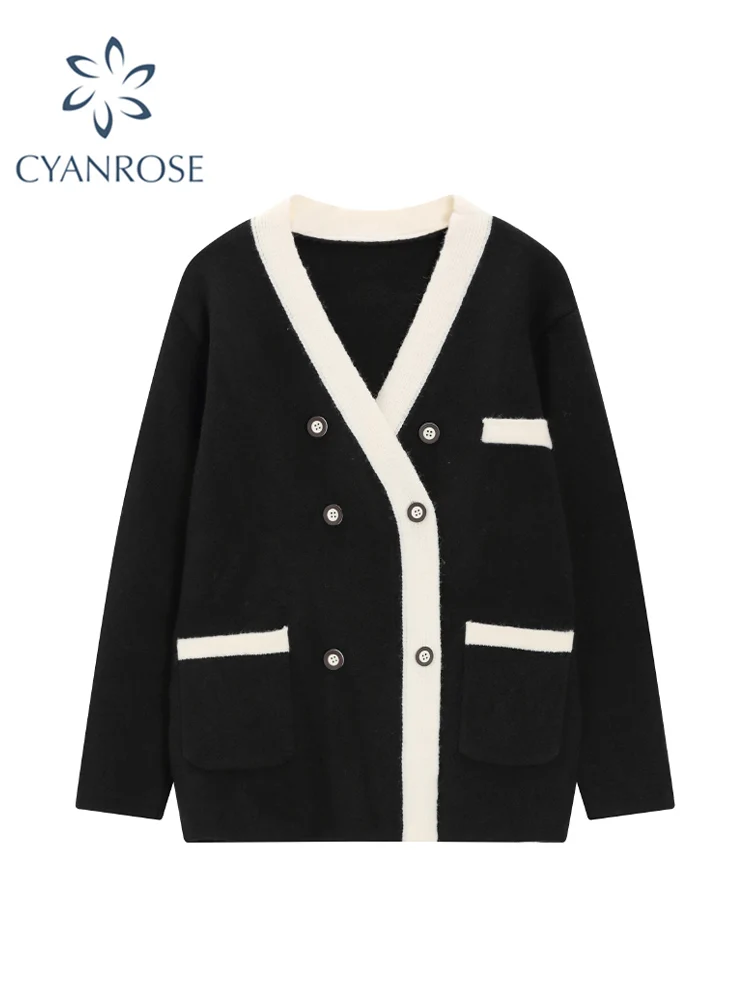 

2022 Autumn Winter Women V Neck Single Breasted Contrast Color Cardigan Knitted Sweater Fashion Knit Cardigans Coat Loose Casual