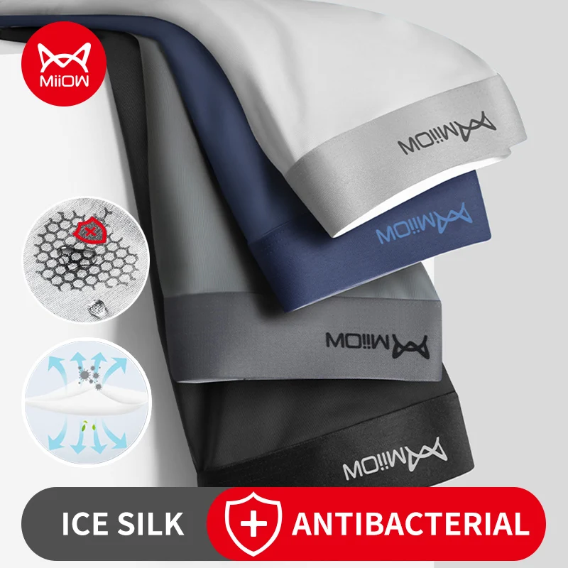 MiiOW 4Pcs Sexy Men Underwear Boxer Shorts Antibacterial Ice Silk Underpants Boxershorts Seamless Breathable Male Panties Soft