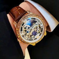 aokulasic fashion casual mens watches leather band mechanical carved hollow tourbillon wristwatches for man watch luminous