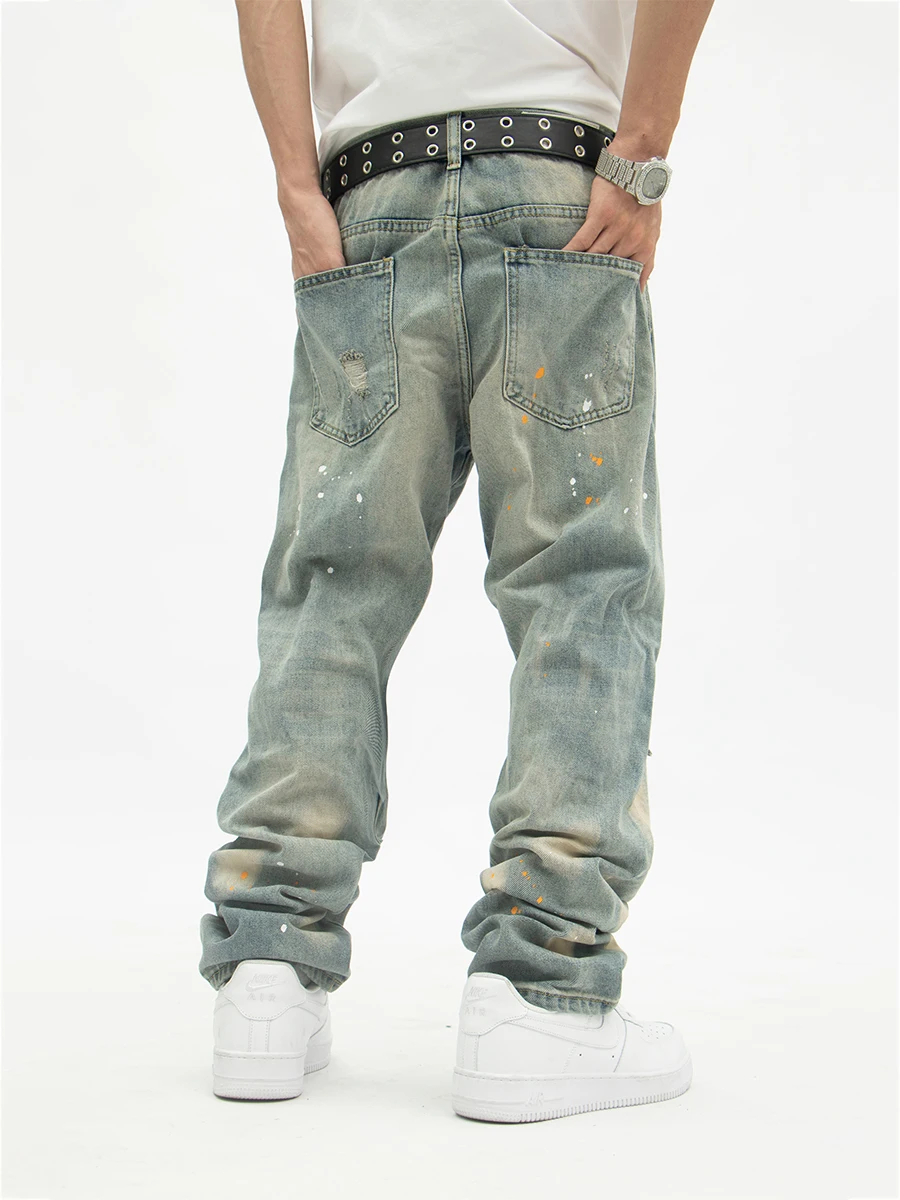 Four Seasons Men Jeans American Ink Splash Wash Men and Women's Same Loose High Street Vibe Style Straight-leg Pendant Trousers