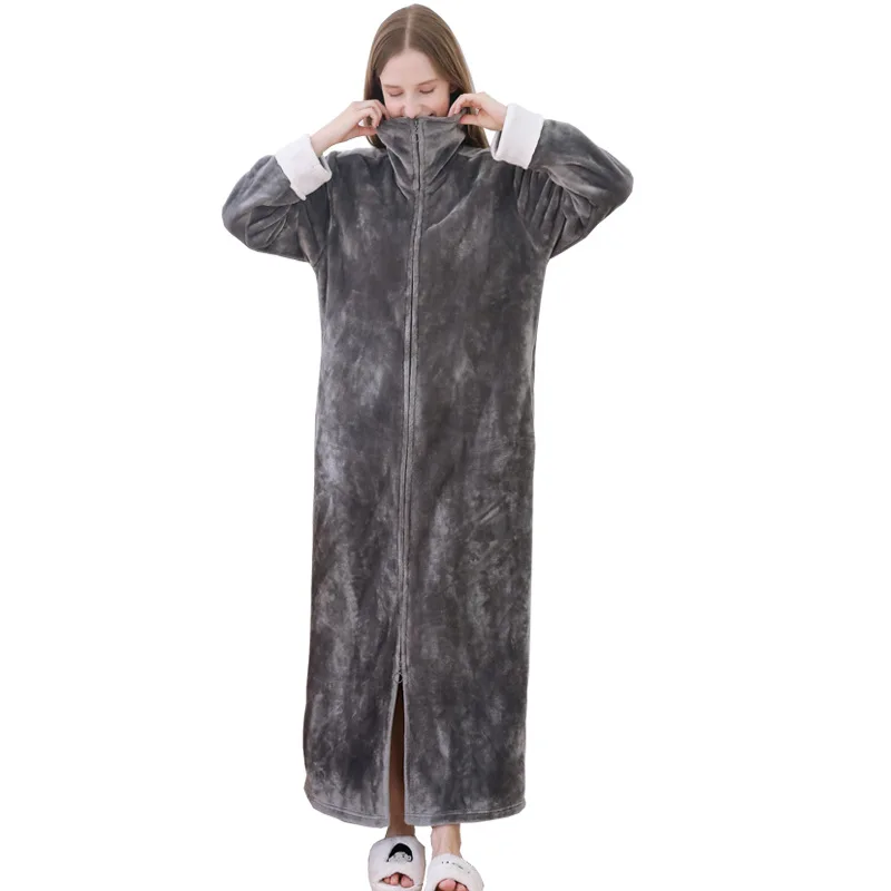 Winter Thick Coral Fleece Bathrobe Warm Flannel Bath Robes Night Sleepwear Women Gown Zipper Stand Collar Pregnancy Can Wear