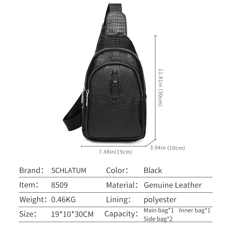 SCHLATUM 100% Genuine Leather Sport Casual Crossbody Bag  for Men Men's Chest Bag Black Crocodile Pattern Shoulder Bag