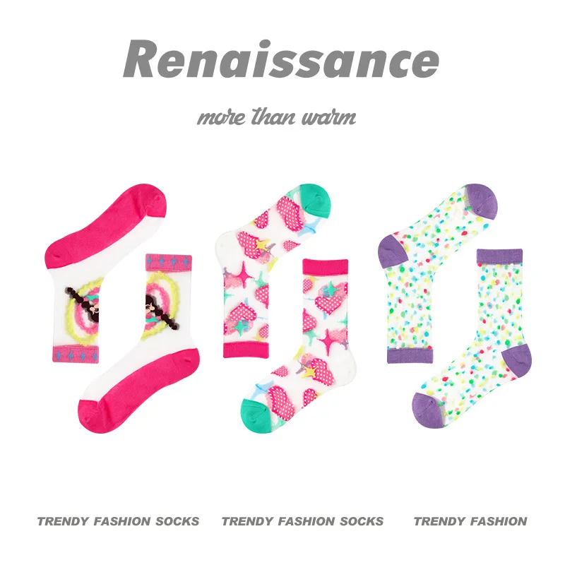 3 Pair Renaissance Women's Socks 23 Summer Thin Run Sweetheart Card Silk Socks Gift Box Boneless Mesh Eye Socks Female