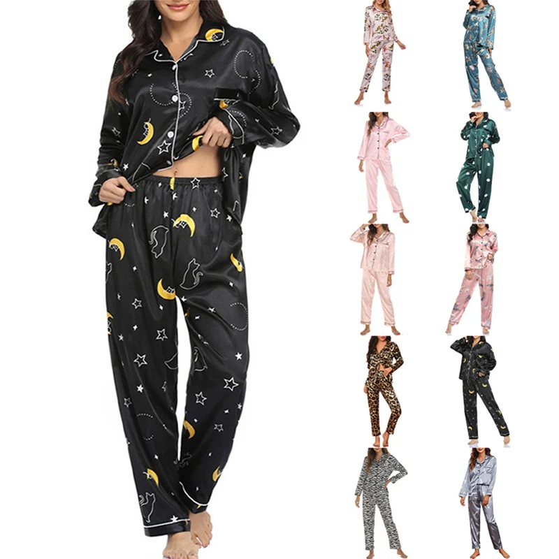 

Women Long Sleeve Pajama Sets Satin Silk Pajamas Pyjamas Long Nightgown Nightwear Set Sleepwear Pijama Homewear Loungewear