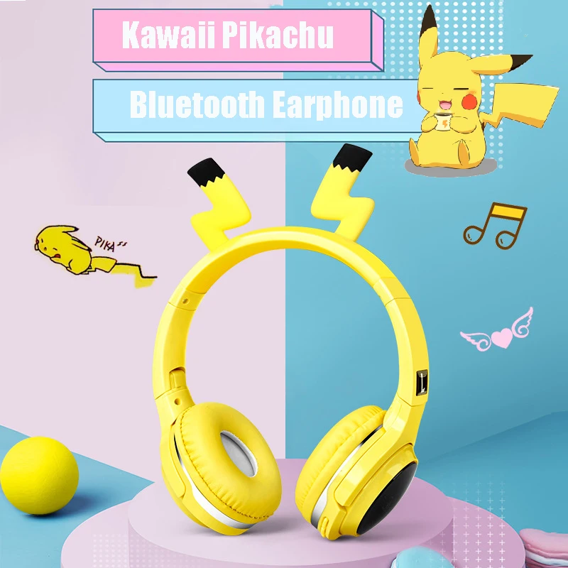 Anime Kawaii Pikachu Flash Light Wireless Bluetooth Headset Girl Foldable Stereo Sound Support SD Card Game Headset Boy Gift