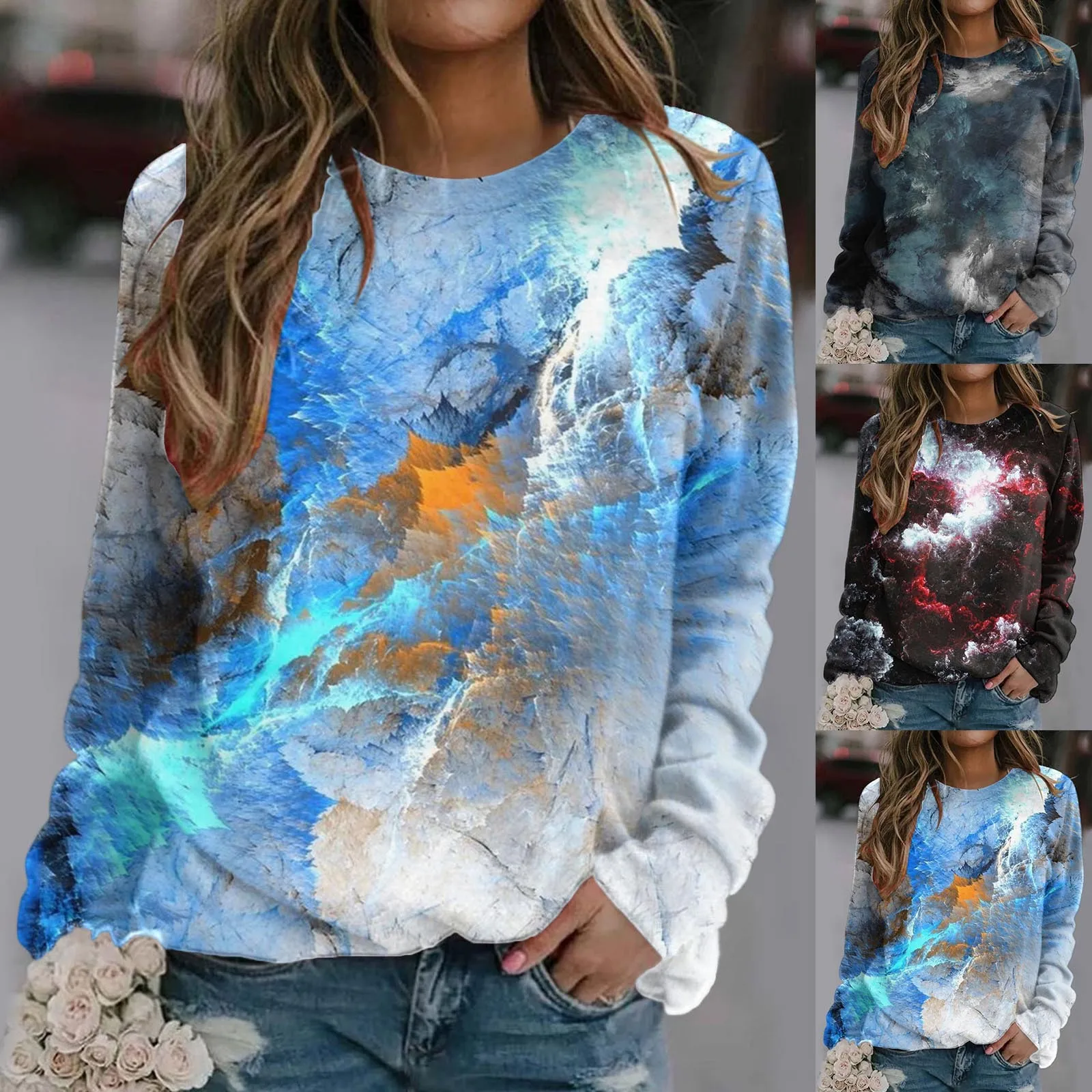 

Fashion Tops For Womens Gradient Print O Neck Sweatshirt Round Neck Fit Pullover Tops Casual Long Sleeve Hot Two Piece Outfit