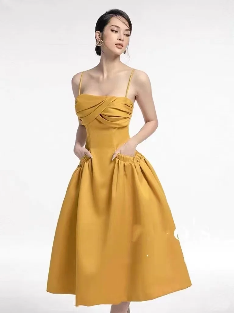 

Summer women's French dignified atmosphere elegant evening dress dress skirt waist pocket thin and beautiful back wrap chest sus