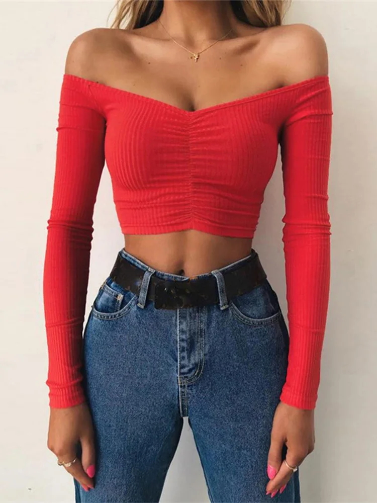 

women T-shirts sexy and club fashion female T-shirt long sleeve off shoulder solid color lady Tshirt autumn basic