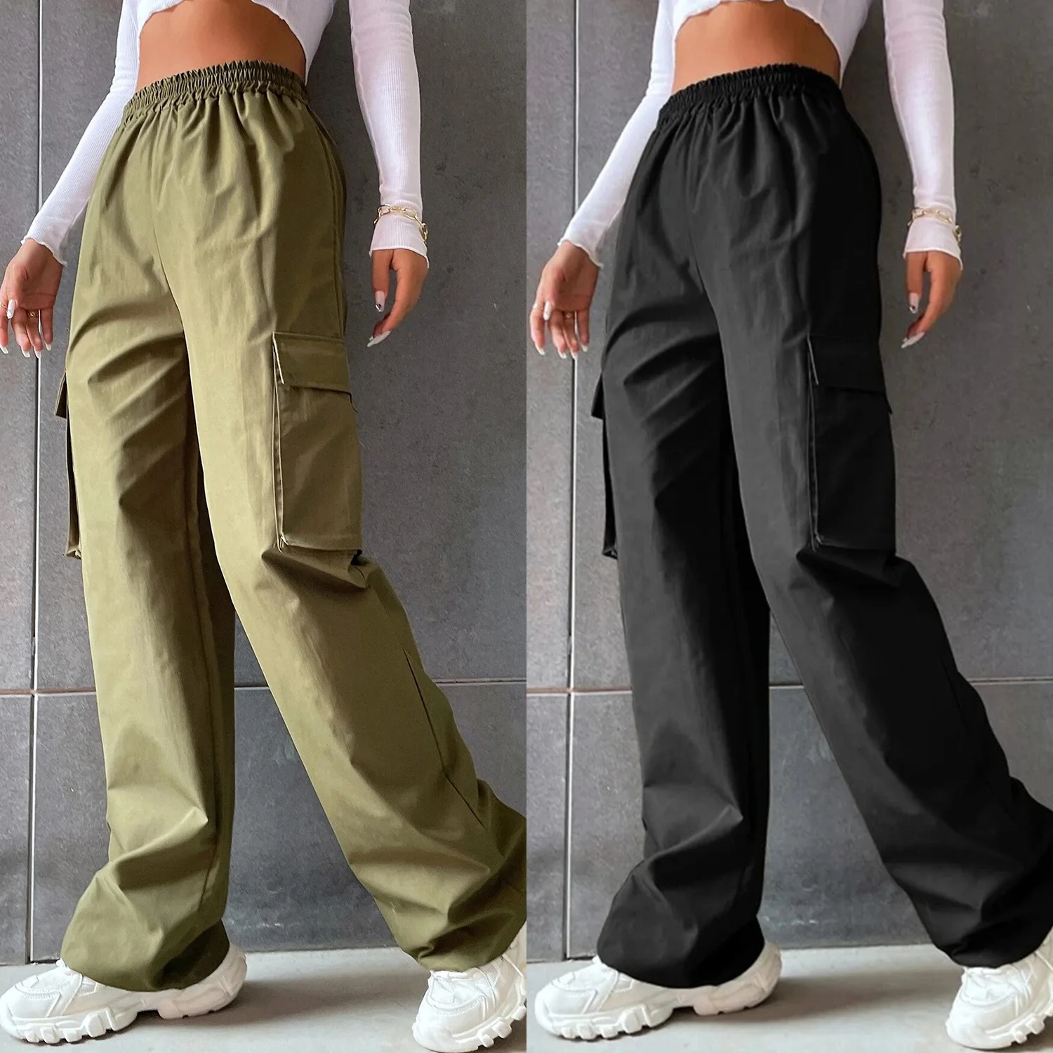 

Cargo Pants Women Plus Size Belt Less High Waisted Wide Leg Trousers Straight Leg Relaxed Style Trousers Trousers