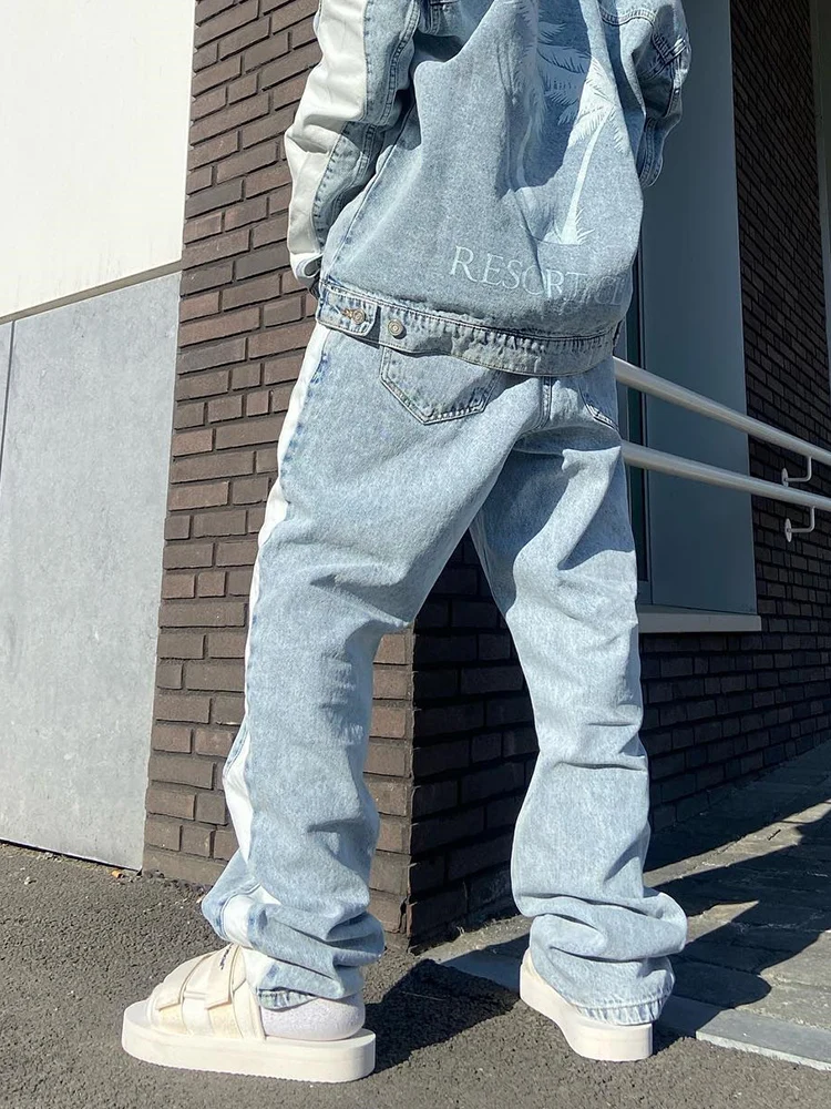 Baggy Jeans Men Fashion Side Stripes Aesthetic Jean Trousers Vaqueros Y2K Autumn Light Blue Distressed Straight Leg Denim Pants