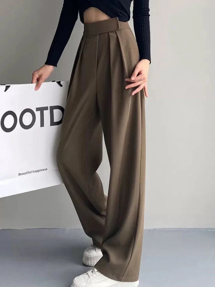 

Серые широкие брюки, женские осенние драпированные прямые свободные брюки с высокой талией, элегантные офисные универсальные тонкие Костюмные брюки