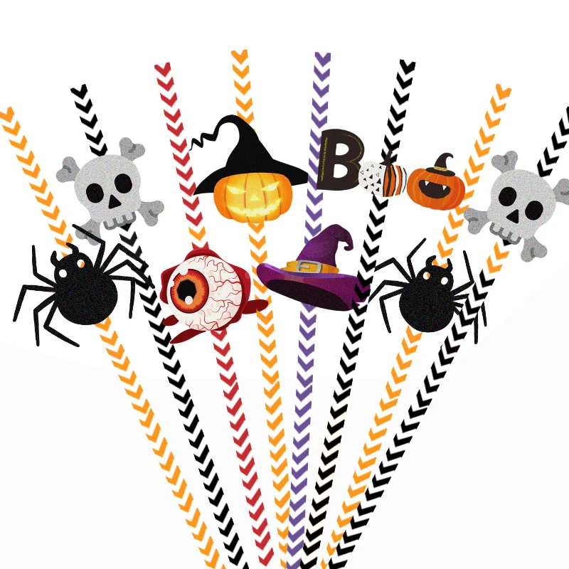 

24pcs Drinking Paper Straws Halloween Decoration Pumpkin Spider Skeleton Witch Pattern Straws Horror Halloween Party Supplies