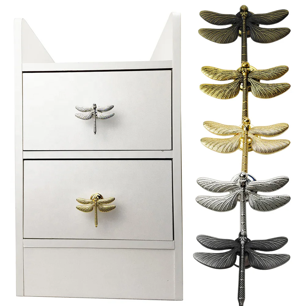 

6pcs Vintage Animal Shape Furniture Handles Retro Brass Dragonfly Drawer Pull Knobs Gold Color Dresser Cabinets Handles Hardware
