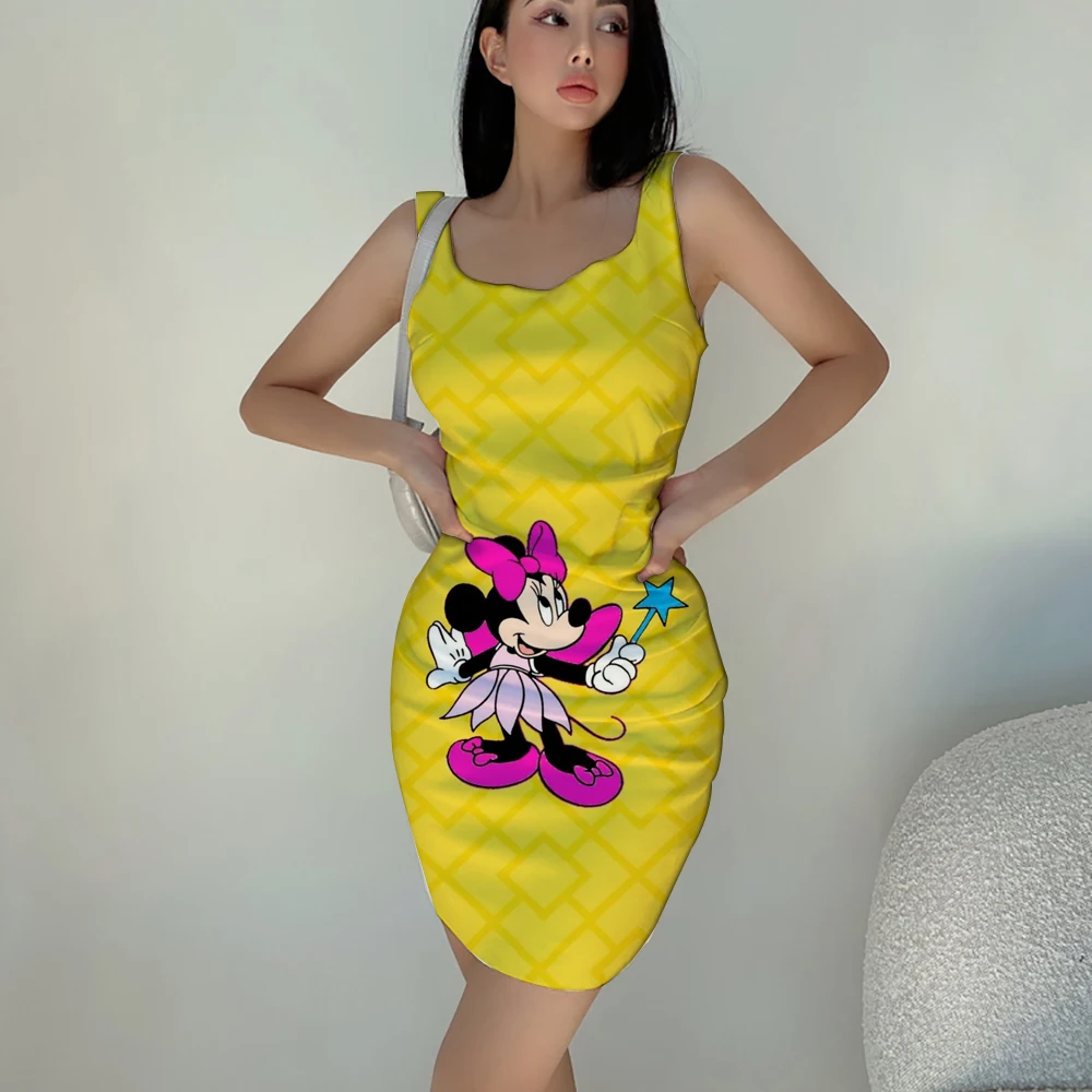 

Disney Minnie Dress Elegant Ladies Dress Office Skinny Slim Ladies U Neck Summer 3D Printed Mini Red Dress