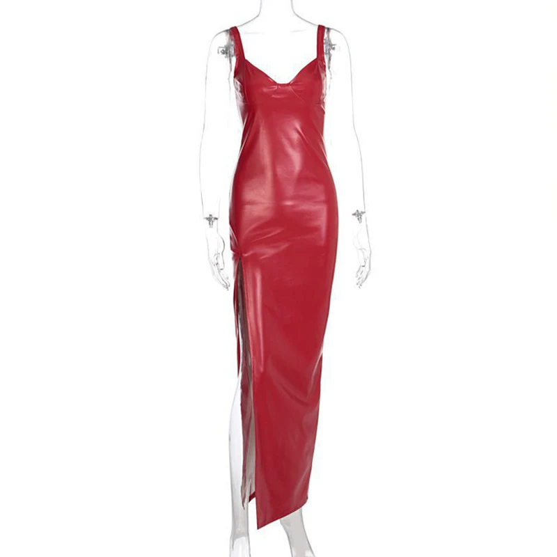 

Women Sexy V-neck Slit Long Dresses PU Patent Leather Spaghetti Strap Backless Hot Dress Female Nightclub Pole Dance Costumes