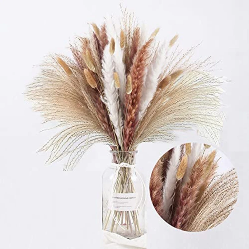 

Трава пампасная 75 шт. 17,5 дюйма, букет пушистых стеблей для домашнего декора, Свадебный декор в стиле бохо (4 разных природных травы помпаса)
